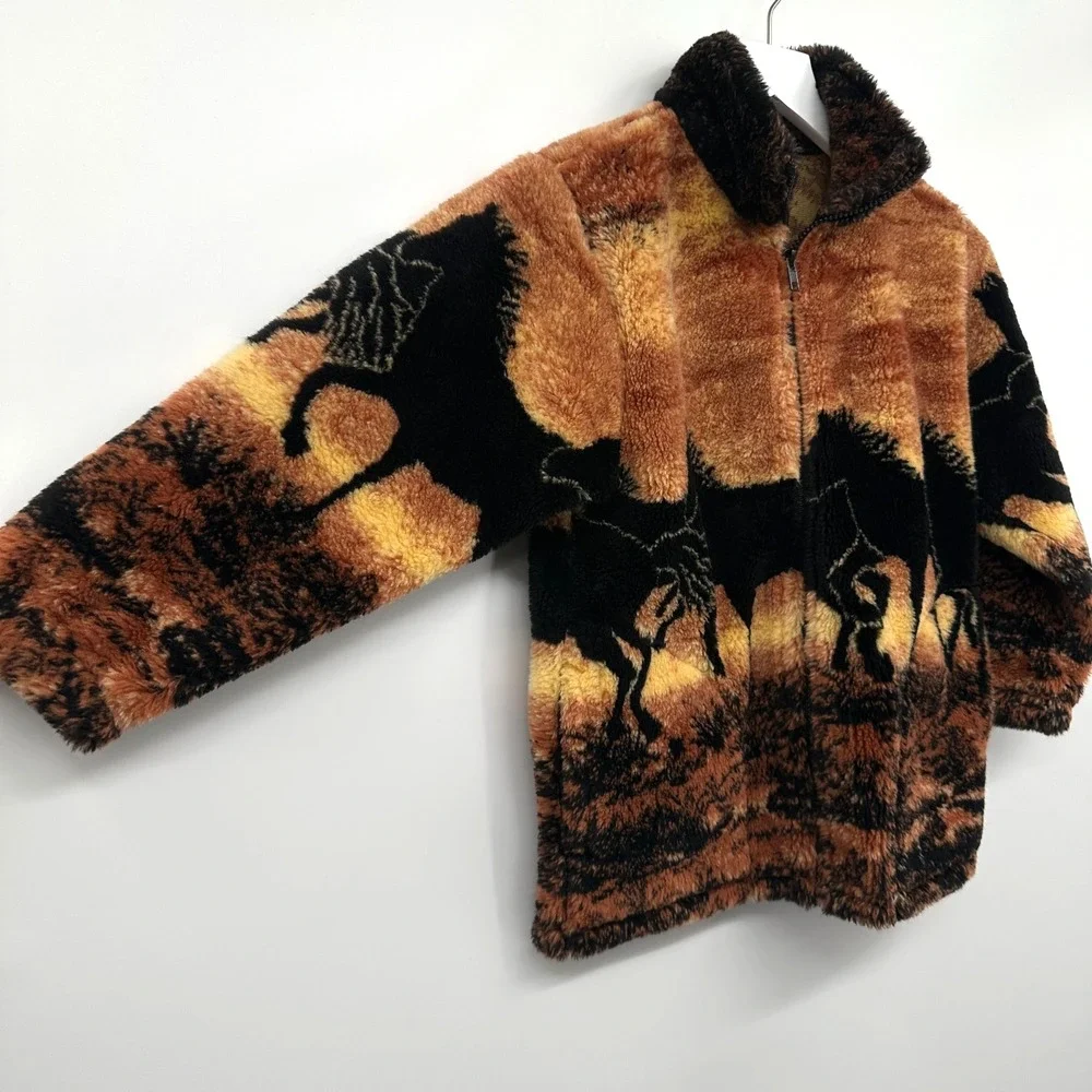 Vintage Mazmania Jacket Coat Kids Youth Size 7/8 Medium Deep Pile Fleece Horses‎